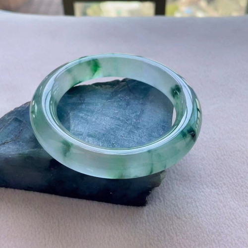 冰種飄花翡翠手鐲天然緬甸飄綠花圓條玉鐲子高冰飄藍花玉手鐲送禮