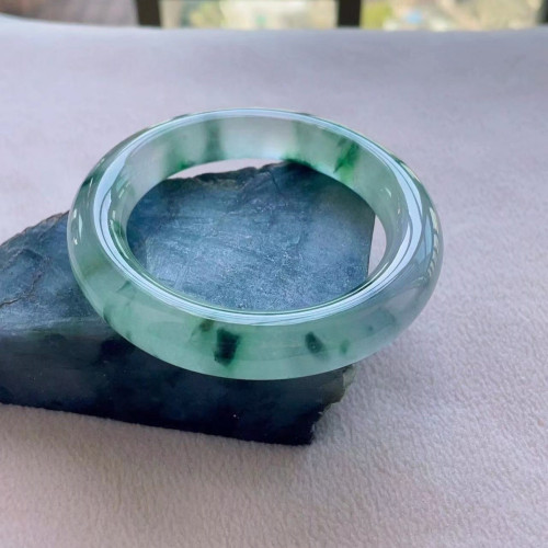 冰種飄花翡翠手鐲天然緬甸飄綠花圓條玉鐲子高冰飄藍花玉手鐲送禮
