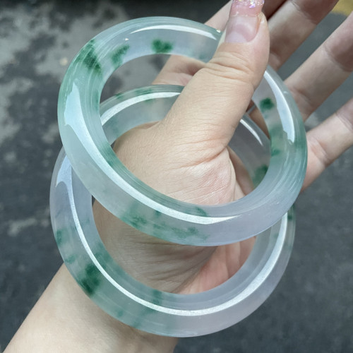 天然翡翠色高冰飄花胖圓條手鐲冰飄花春彩老坑玉石美人鐲貴玉手鐲