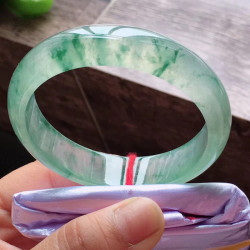 天然緬甸冰種翡翠手鐲飄綠花正圈飄花手鐲玉鐲子清新少女款玉手鐲
