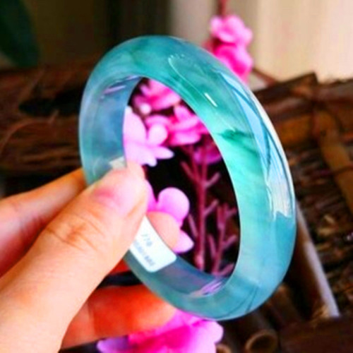 天然緬甸翡翠手鐲女冰種飄蘭花正圈玉鐲子冰糯種手鐲女款冰種藍水