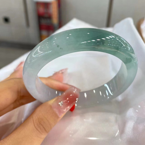 天然緬甸翡翠手鐲女款飄花藍花油青玉鐲子翡翠正品老坑冰糯種批髮