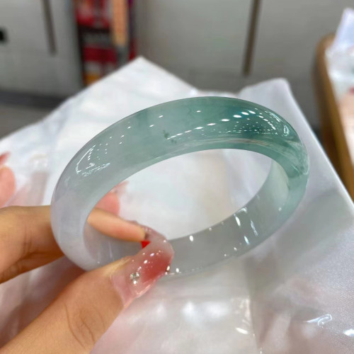 天然緬甸翡翠手鐲女款飄花藍花油青玉鐲子翡翠正品老坑冰糯種批髮