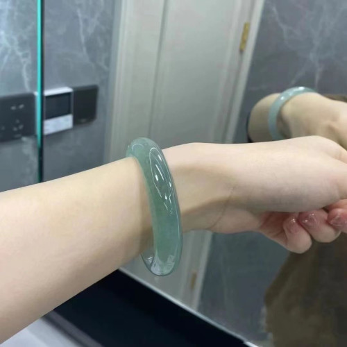 天然緬甸老坑冰種翡翠手鐲飄藍花晴水正圈清新翠綠款油青玉手鐲子