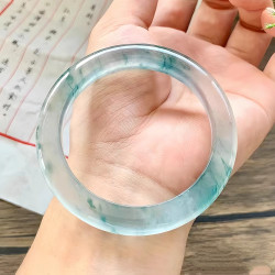 冰種飄花翡翠手鐲緬甸天然天山翠正品玻璃種飄藍花圓條翡翠玉鐲子