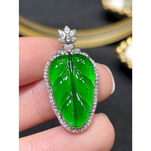 綠樹葉吊墜天然緬甸翡翠鑲嵌葉子吊墜翡翠冰種樹葉吊墜項鏈男女款
