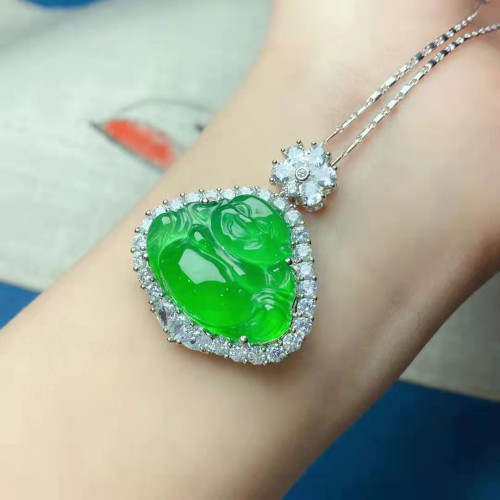 翡翠吊墜女玉彿天然冰種陽綠滿綠彌勒彿白18K金豪鑲鑽觀音男掛件