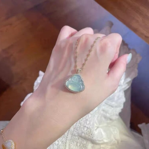 天然緬甸翡翠玉彿冰種飄花彿公笑彿掛件大肚彌勒彿玉小吊墜女藍水