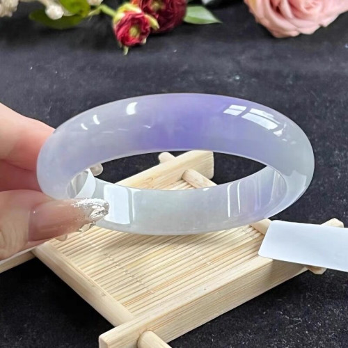 天然緬甸翡翠冰糯白青飄紫玉鐲正圈貴妃圓條紫羅蘭平安鐲手鐲玉石