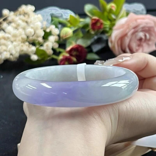 天然緬甸翡翠冰糯白青飄紫玉鐲正圈貴妃圓條紫羅蘭平安鐲手鐲玉石