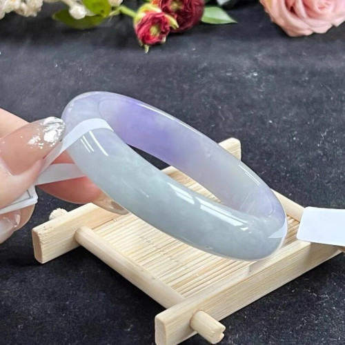 天然緬甸翡翠冰糯白青飄紫玉鐲正圈貴妃圓條紫羅蘭平安鐲手鐲玉石