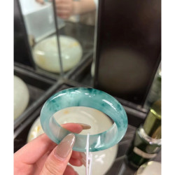 天然緬甸冰種飄藍花翡翠手鐲女款老坑正圈貴妃鐲藍水玉鐲子冰手鐲