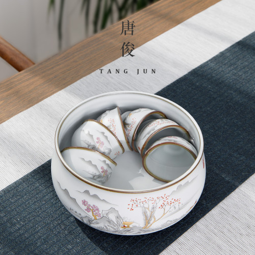 景德鎮汝窰月白茶洗大號茶海盃洗大容量茶渣缸家用建水筆洗茶配件
