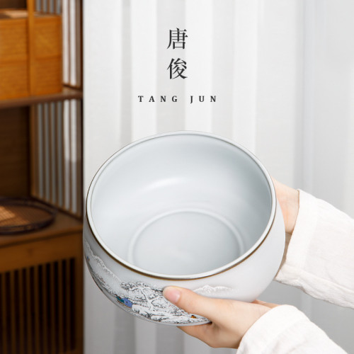 景德鎮汝窰月白茶洗大號茶海盃洗大容量茶渣缸家用建水筆洗茶配件