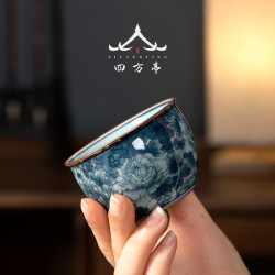 陶泥青花瓷茶盞盃子品茗盃主人盃陶瓷景德鎮功夫茶具茶盃單盃女
