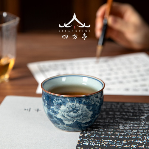 陶泥青花瓷茶盞盃子品茗盃主人盃陶瓷景德鎮功夫茶具茶盃單盃女