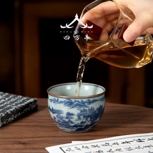 陶泥青花瓷茶盞盃子品茗盃主人盃陶瓷景德鎮功夫茶具茶盃單盃女