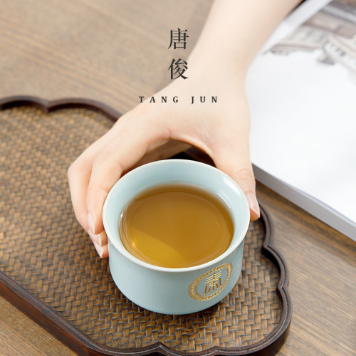 汝窰主人盃姓氏大號男士品茗茶盃陶開片可養汝瓷茶具盃子