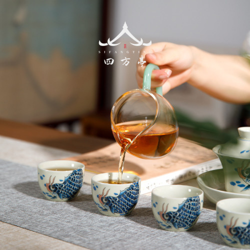 四方亭日式茶具套裝景德鎮三才蓋碗功夫茶盃茶碗錦鯉泡茶鯉魚創意