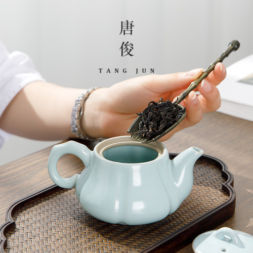 四方亭汝窰南瓜壺創意陶瓷開片泡茶壺單壺手工家用冰裂釉功夫茶具