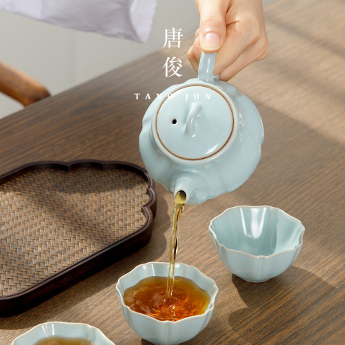 四方亭汝窰南瓜壺創意陶瓷開片泡茶壺單壺手工家用冰裂釉功夫茶具