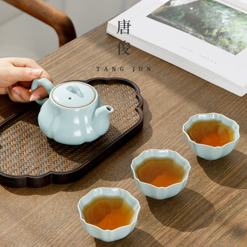 四方亭汝窰南瓜壺創意陶瓷開片泡茶壺單壺手工家用冰裂釉功夫茶具