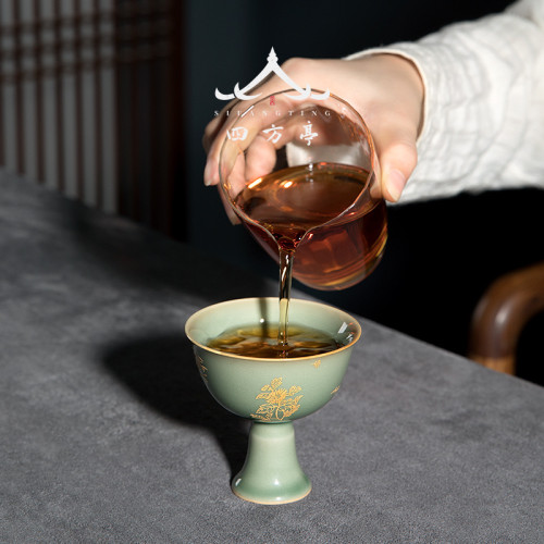 四方亭 青瓷茶盃主人盃陶瓷個人專用高腳盃高足盃景德鎮高端單個