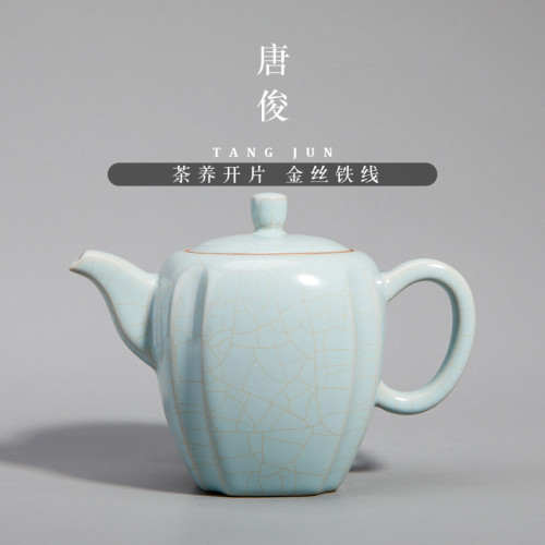 四方亭 汝窰茶壺開片茶具陶瓷冰裂單壺喝茶汝瓷茶具泡茶壺紅茶