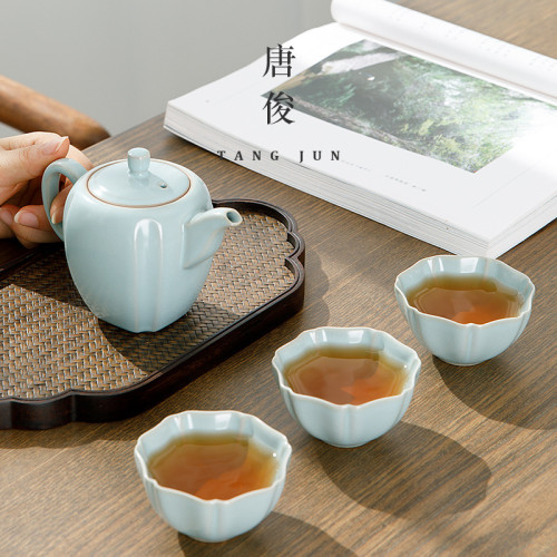 四方亭 汝窰茶壺開片茶具陶瓷冰裂單壺喝茶汝瓷茶具泡茶壺紅茶