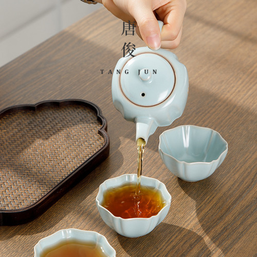 四方亭 汝窰茶壺開片茶具陶瓷冰裂單壺喝茶汝瓷茶具泡茶壺紅茶
