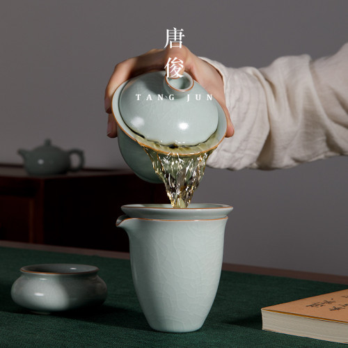 唐俊 汝窰蓋碗汝瓷冰裂釉開片茶碗茶盃加厚150ml三才單個泡茶碗