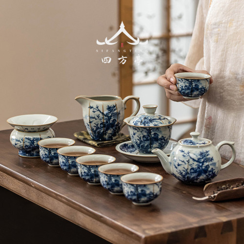 汝窰功夫茶具套裝青花瓷2023新款茶盃茶壺家用蓋碗陶瓷中式景德鎮