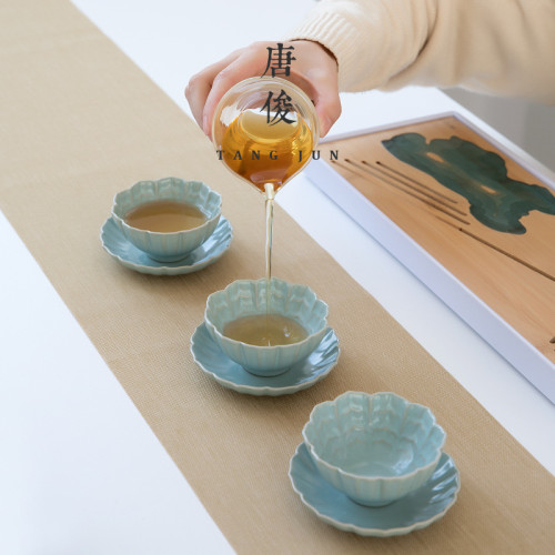四方亭汝窰盃墊青色陶瓷功夫配件月白色茶盃隔熱碟子茶道零配防燙