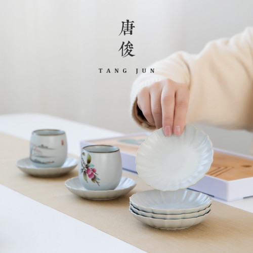四方亭汝窰盃墊青色陶瓷功夫配件月白色茶盃隔熱碟子茶道零配防燙