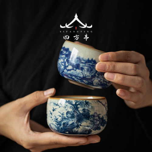青花瓷茶盃主人盃汝窰功夫茶具汝瓷盃子2023新款中式陶瓷品茗盃