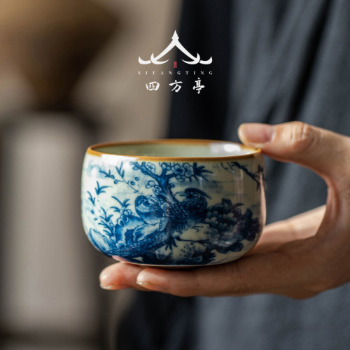 青花瓷茶盃主人盃汝窰功夫茶具汝瓷盃子2023新款中式陶瓷品茗盃