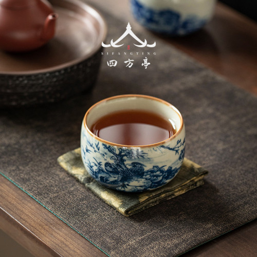 青花瓷茶盃主人盃汝窰功夫茶具汝瓷盃子2023新款中式陶瓷品茗盃