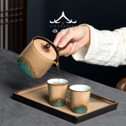 唐俊 日式 一壺二盃旅行茶具套裝小套茶磐輕奢提梁壺送禮禮盒裝