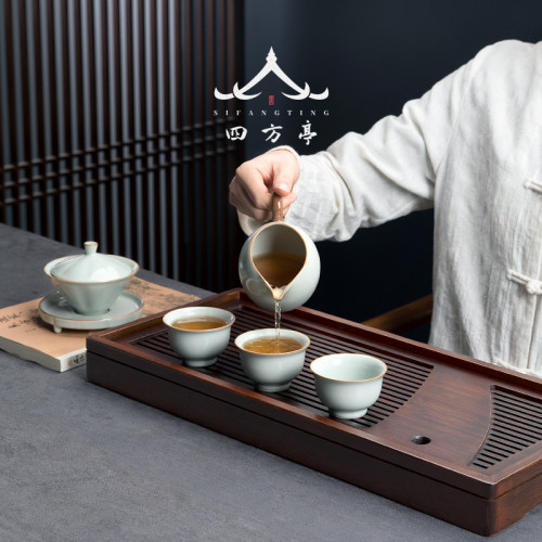 四方亭 茶磐儲水式茶台家用排水茶池現代簡約日式蓄水托磐竹制
