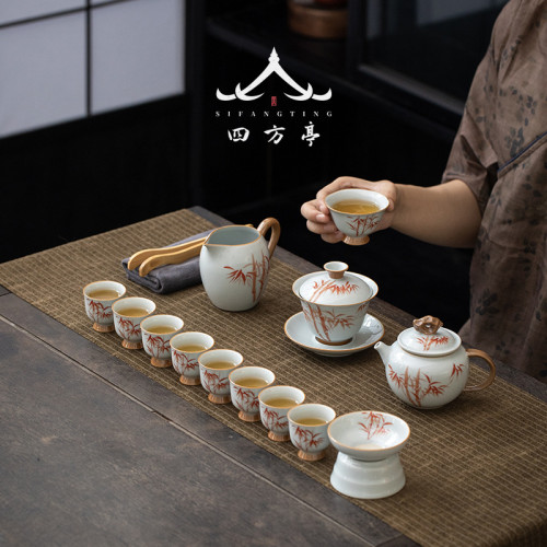 汝窰茶具套裝家用中式辦公室2023新款蓋碗陶瓷功夫茶盃禮盒泡茶
