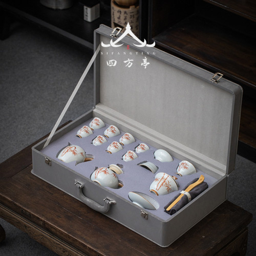 汝窰茶具套裝家用中式辦公室2023新款蓋碗陶瓷功夫茶盃禮盒泡茶