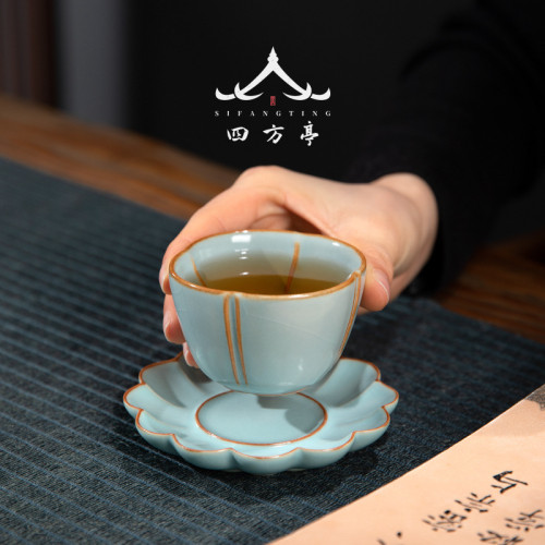 四方亭 汝窰陶瓷茶盃盃墊花型盃托隔熱墊茶道配件日式茶托創意