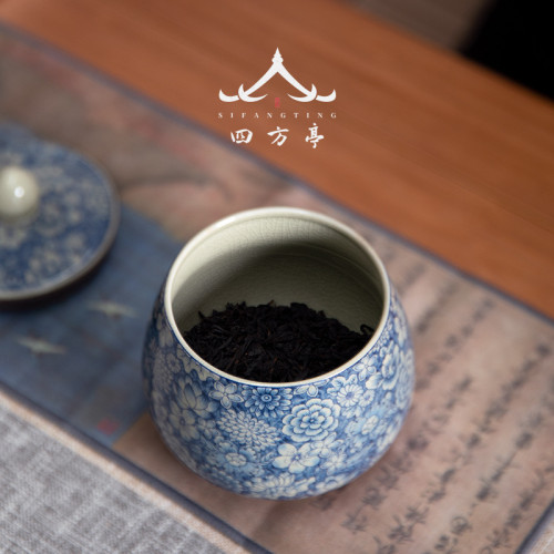 四方亭中式陶瓷茶葉儲存罐空罐茶葉罐復古青花密封罐家用防潮茶罐