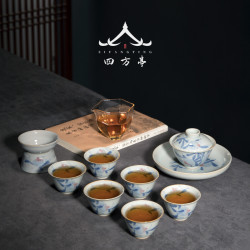 四方亭 景德鎮手繪釉下彩青花茶具套裝輕奢高端泡茶功夫蓋碗茶盃