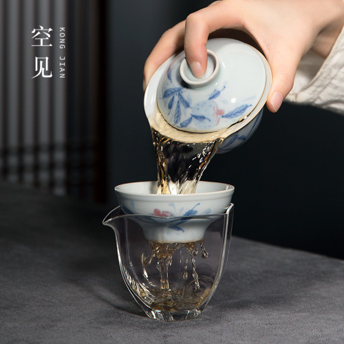 四方亭 景德鎮手繪釉下彩青花茶具套裝輕奢高端泡茶功夫蓋碗茶盃