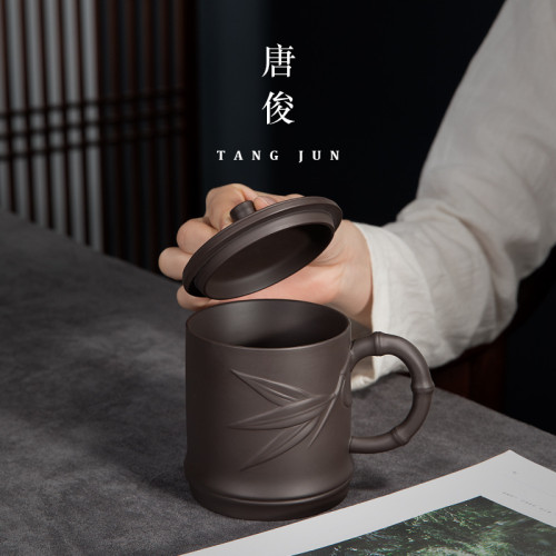 宜興紫砂盃大號個人帶蓋盃子辦公帶把陶瓷茶盃單個家用水盃300ml