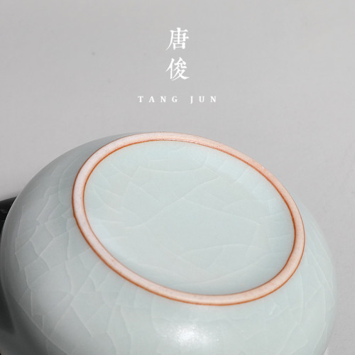 唐俊 汝窰尚賢盃陶瓷單盃開片品茗盃景德鎮雕刻中式功夫70ml