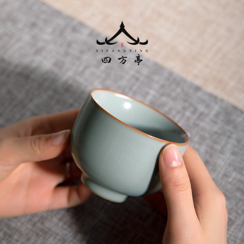 汝窰茶盃大號天青色主人盃冰裂個人專用喝茶開片可養男士