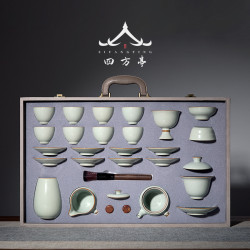 四方亭側把壺汝窰功夫茶具套裝品牌家用高檔輕奢蓋碗一套禮盒茶盃