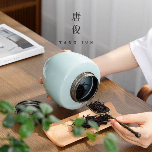 汝窰茶葉罐金屬蓋大號陶瓷儲存罐家用密封罐紅茶防潮普洱罐子